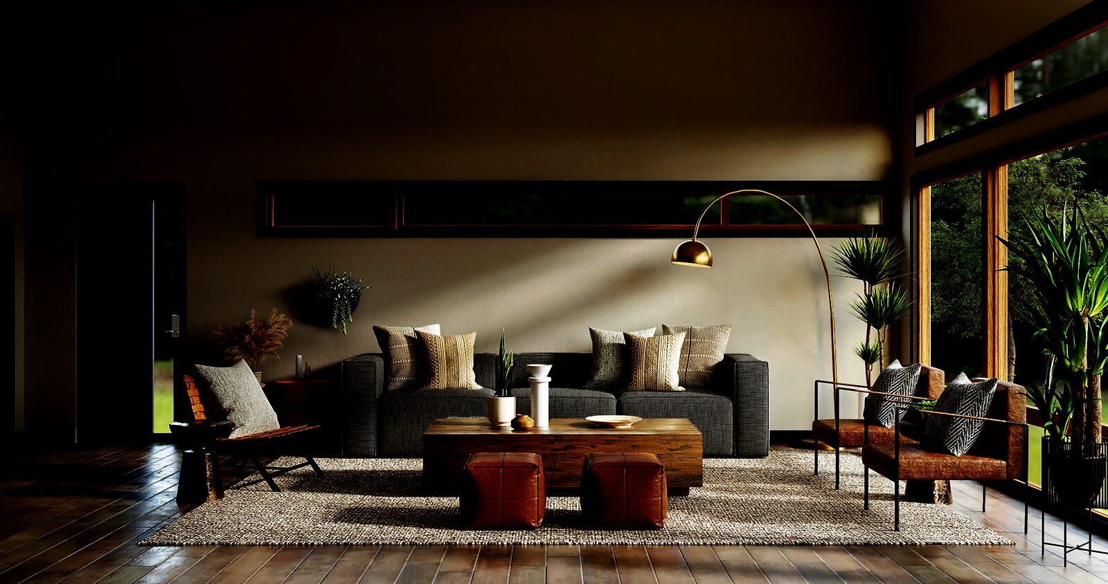 A sitting room in the Paris showroom — low evening light across linen, walnut and brass